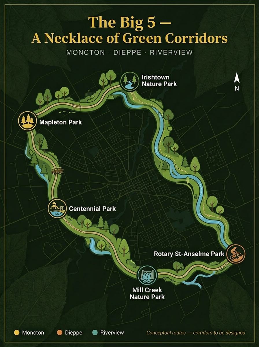 Carte conceptuelle « The Big 5, A Necklace of Green Corridors » montrant cinq parcs autour de Moncton, Dieppe et Riverview reliés par des corridors verts proposés