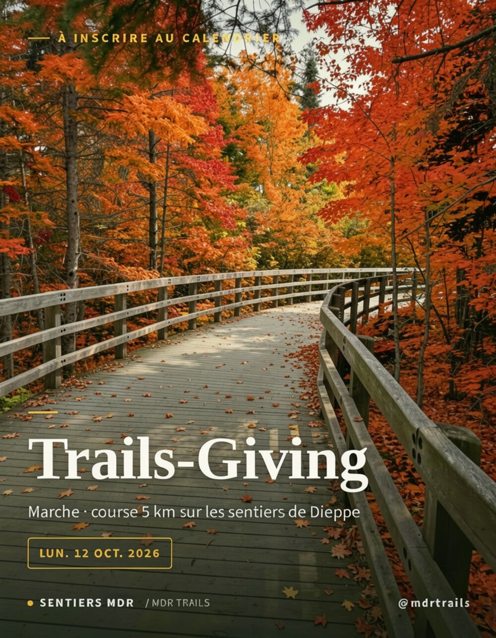 Affiche de la course Trails-Giving 5K, une passerelle d’automne couverte de feuilles rouges